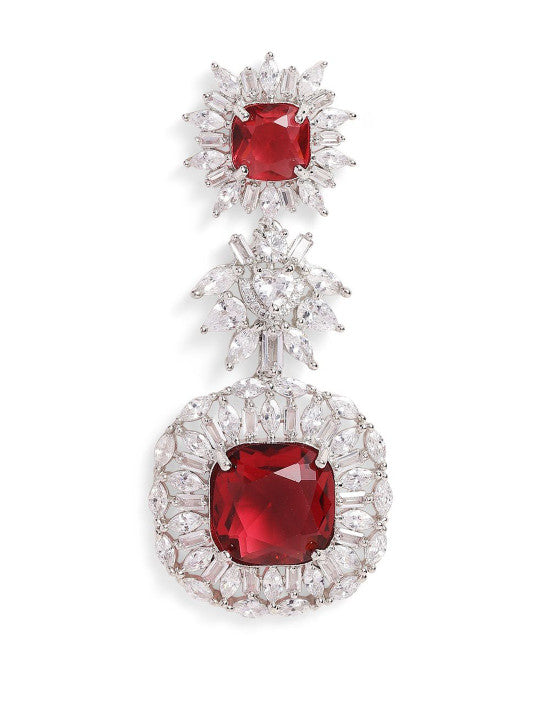 Ishin Red Colour Silver Plated American Diamond Drop Earring