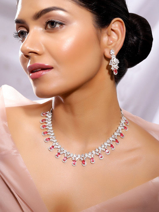 Ishin Pink  Colour Silver Plated American Diamond Jewellery Set