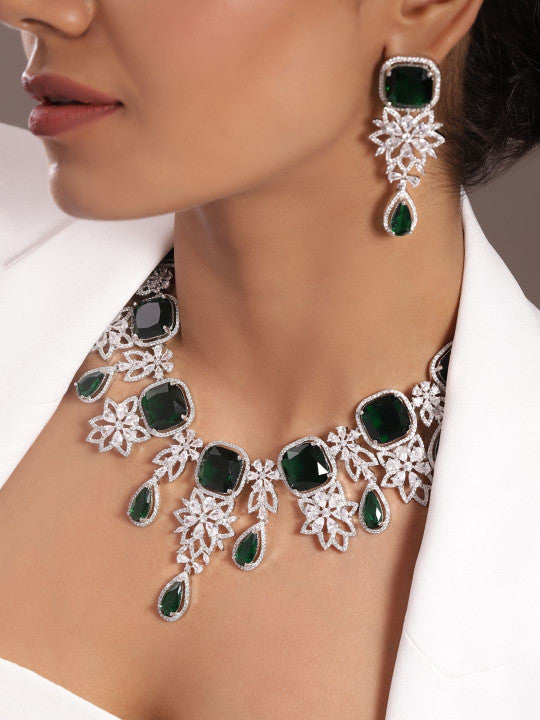 Ishin Green  Colour Silver Plated American Diamond Jewellery Set