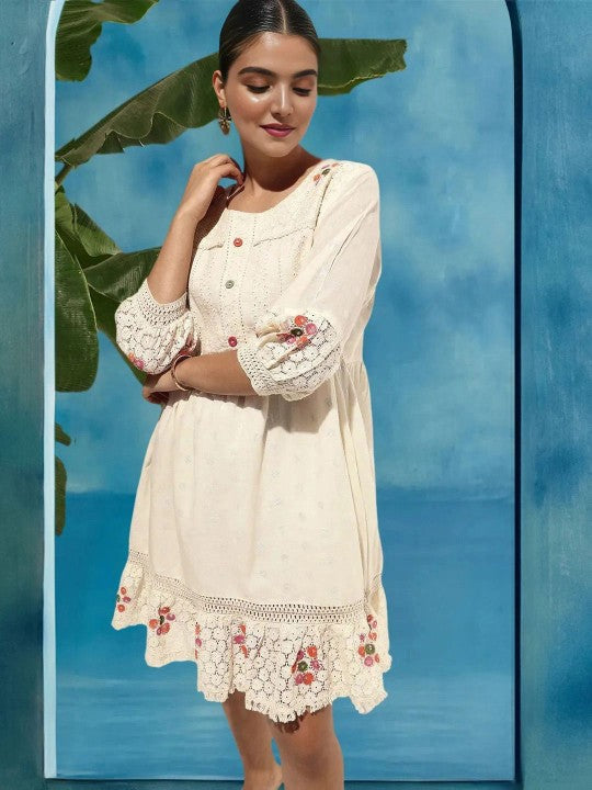 Comfy Offwhite Cotton Shiffly Fit And Flare Dress