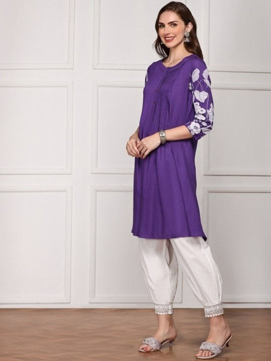 Comfy Purple Viscose Rayon Floral Printed Aline Fit Kurta