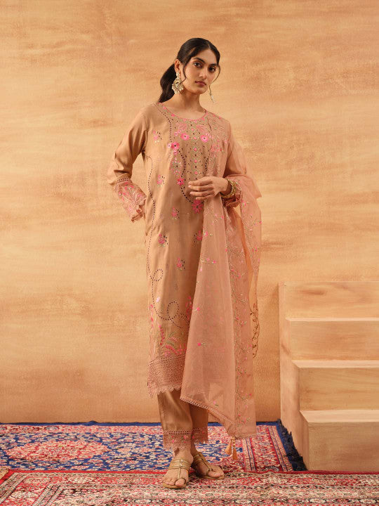 Ishin Women Brown Roman Silk 3Pcs Kurta Set