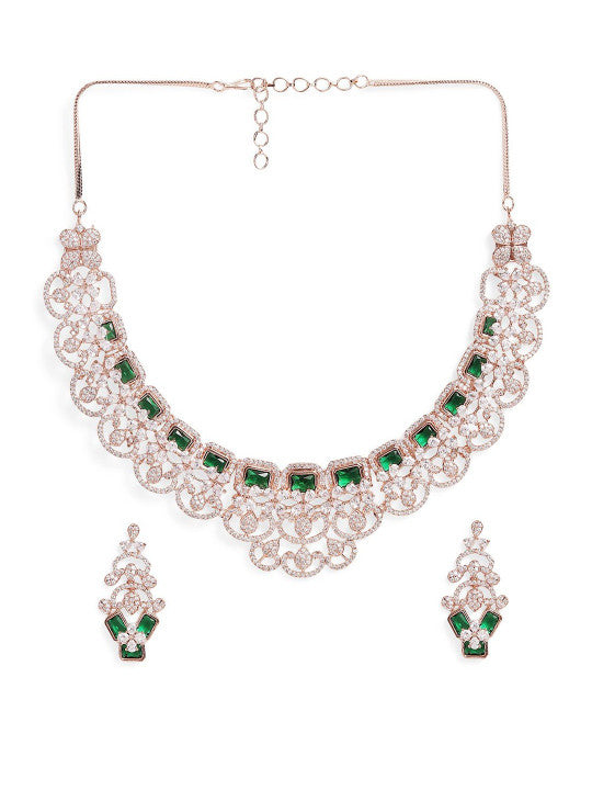 Ishin Green  Colour Rose Gold Plated American Diamond Jewellery Set
