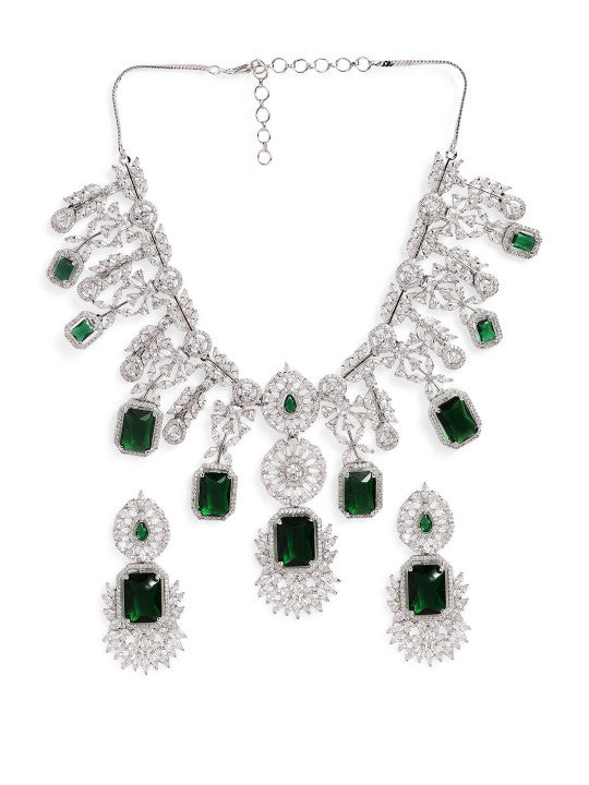 Ishin Green  Colour Silver Plated American Diamond Jewellery Set