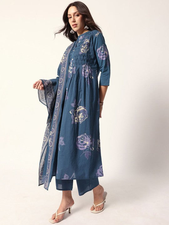 Comfy Blue Cotton Floral Printed Aline Fit Kurta Set With Dupatta