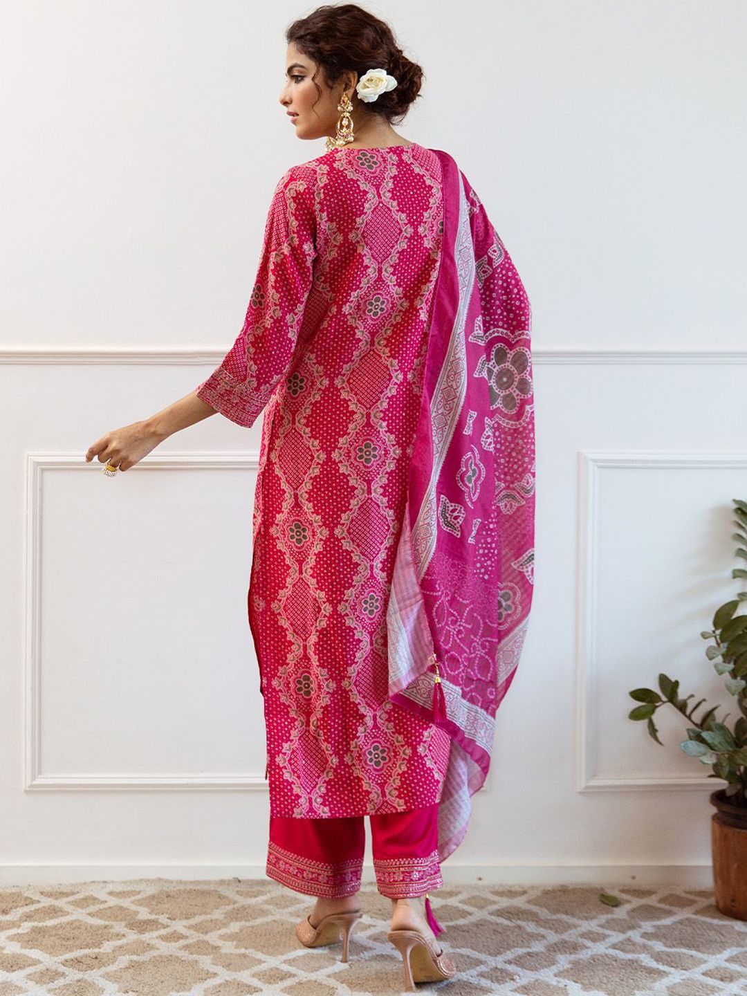 Rich Pink Modal Muslin Zari Embroidered Straight Fit Kurta Set With Straight Bottom & Soft Printed Dupatta