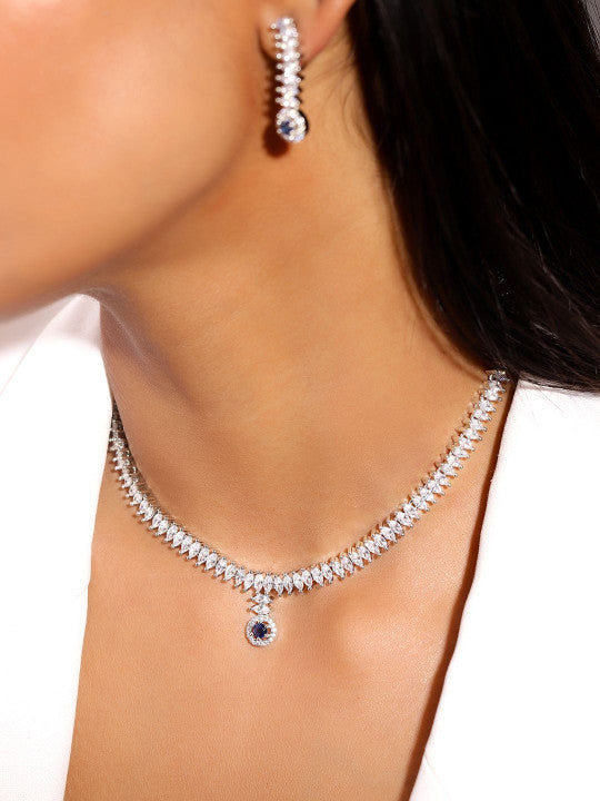 Ishin Blue  Colour Silver Plated American Diamond Jewellery Set