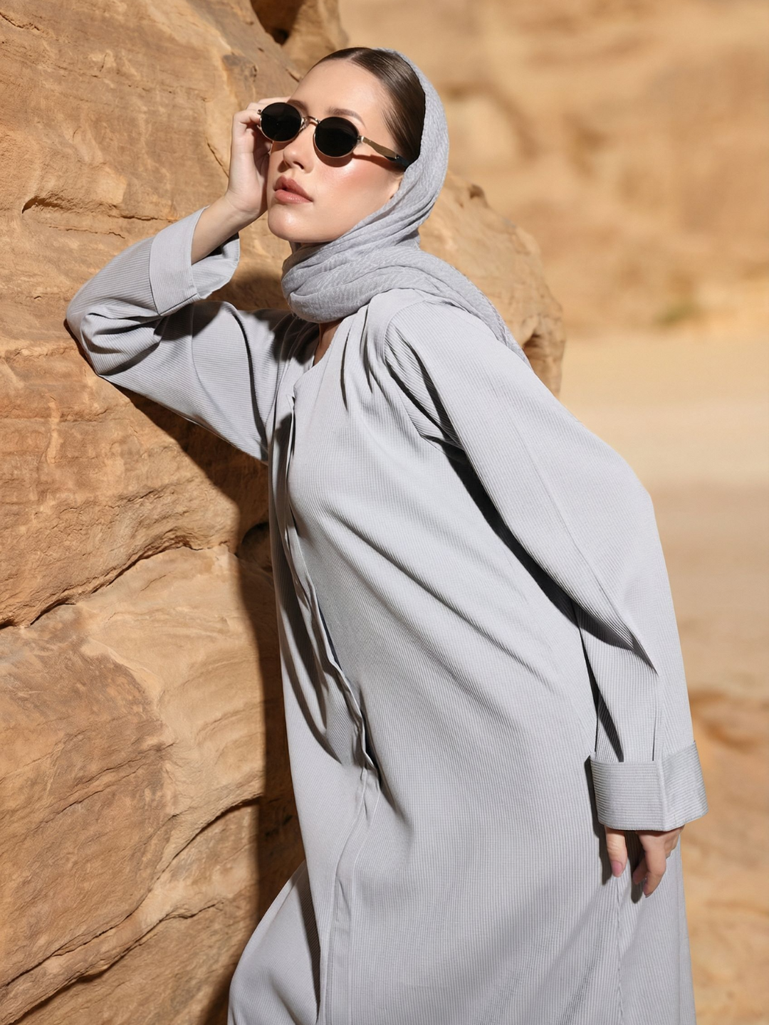Rich Grey Relaxed Abaya with Hijab in Crinckle Cotton
