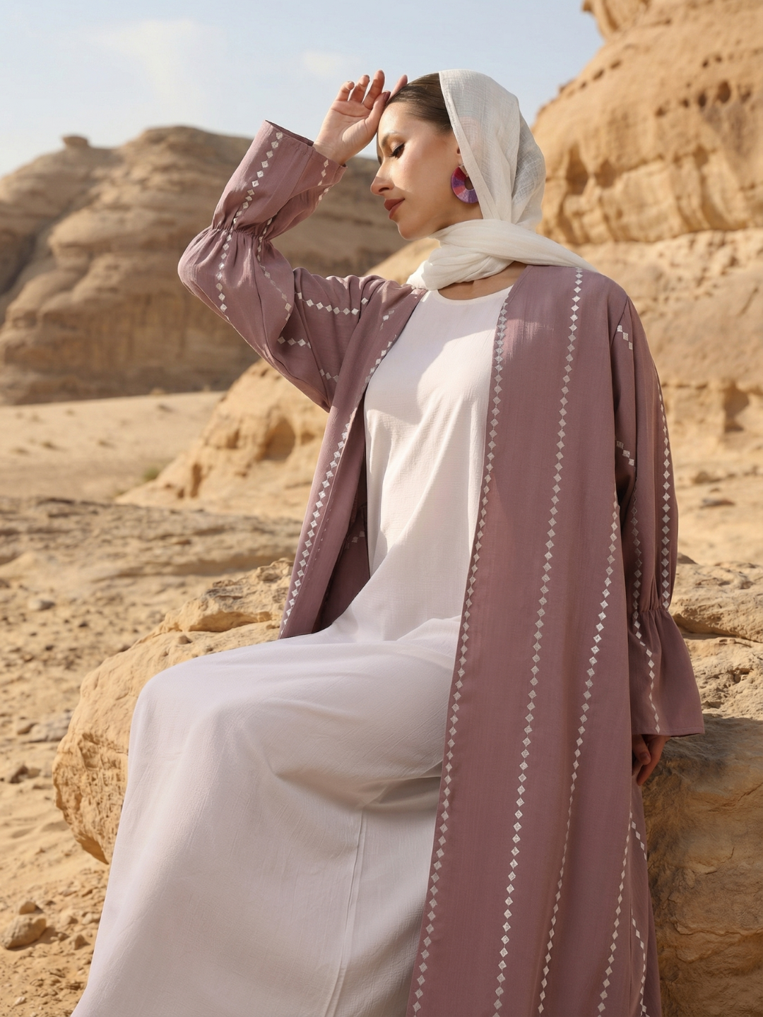 Rich Pink Relaxed Abaya with Hijab in Crinckle Cotton