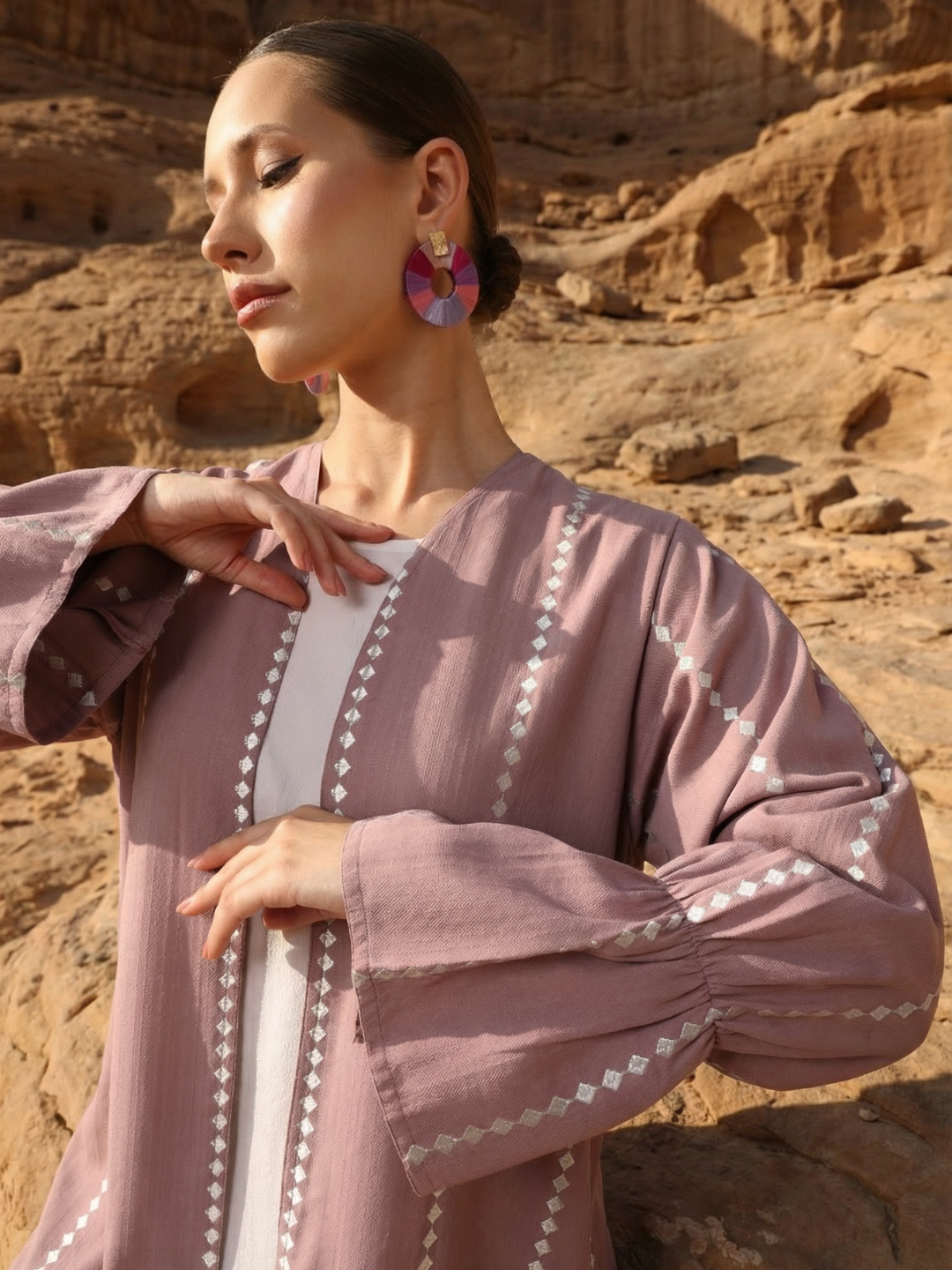 Rich Pink Relaxed Abaya with Hijab in Crinckle Cotton