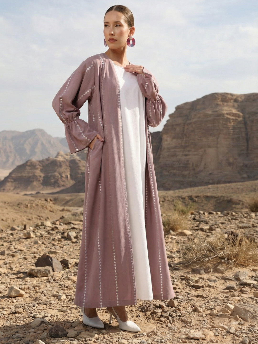 Rich Pink Relaxed Abaya with Hijab in Crinckle Cotton