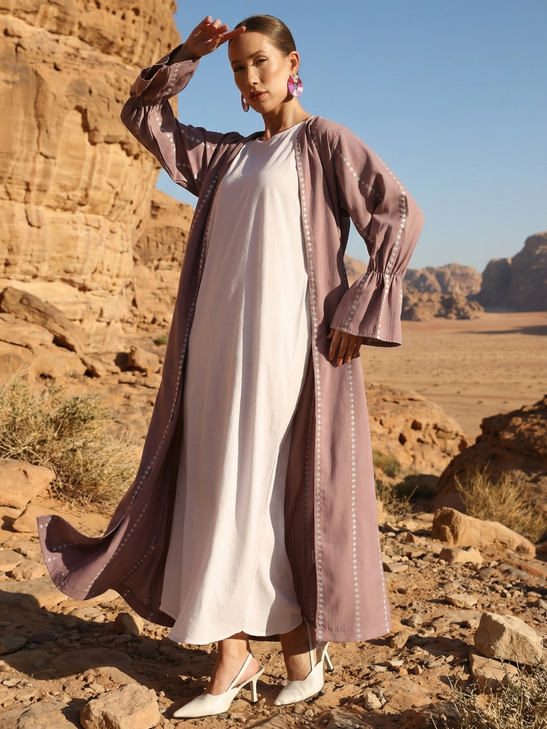 Rich Pink Relaxed Abaya with Hijab in Crinckle Cotton