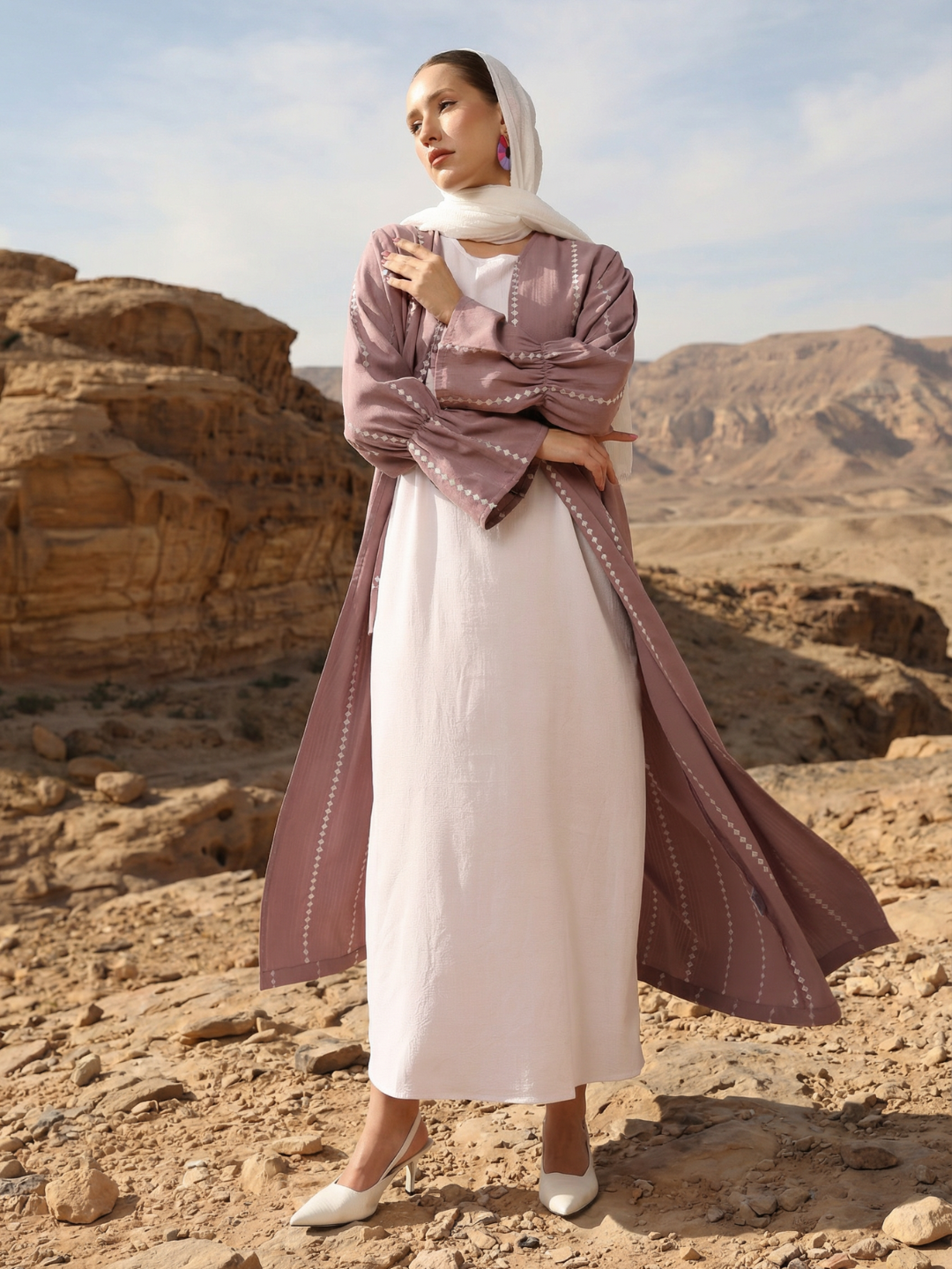 Rich Pink Relaxed Abaya with Hijab in Crinckle Cotton