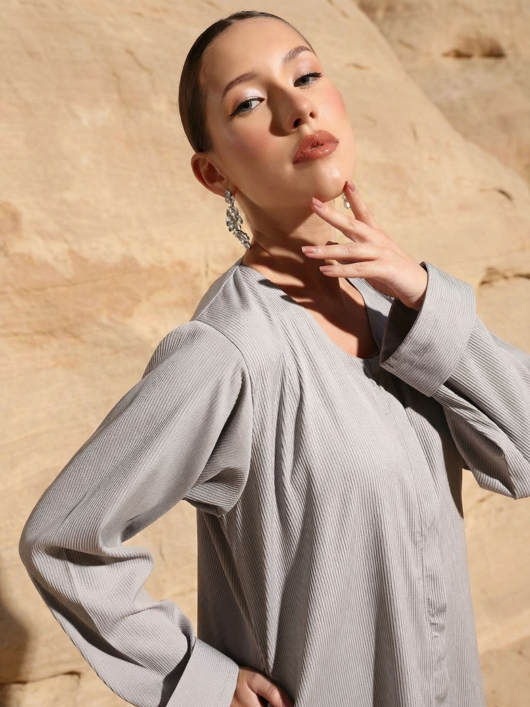 Rich Grey Relaxed Abaya with Hijab in Crinckle Cotton