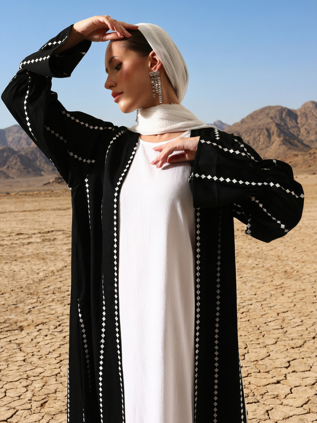 Rich Black Relaxed Abaya with Hijab in Crinckle Cotton