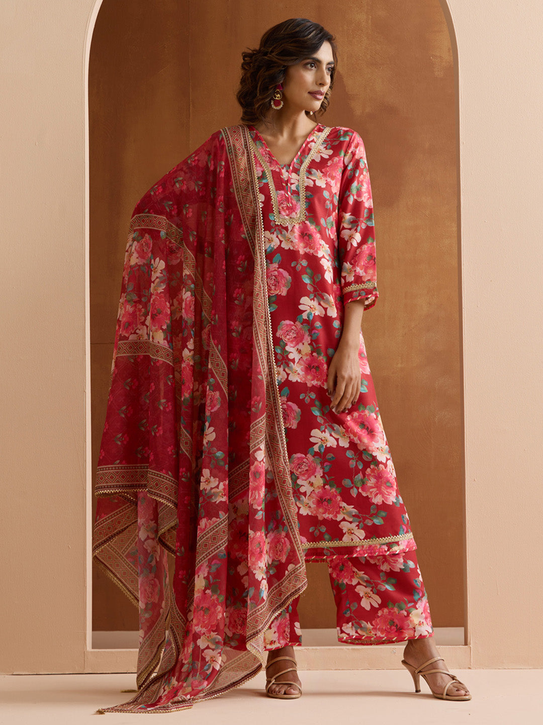 Elegant Red Viscose rayon Floral printed Aline kurta set with dupatta