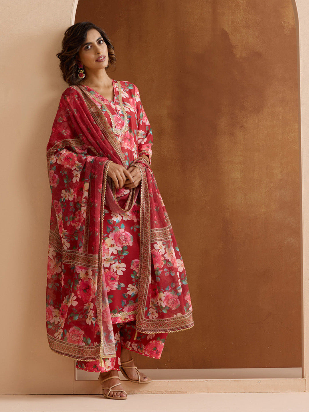 Elegant Red Viscose rayon Floral printed Aline kurta set with dupatta