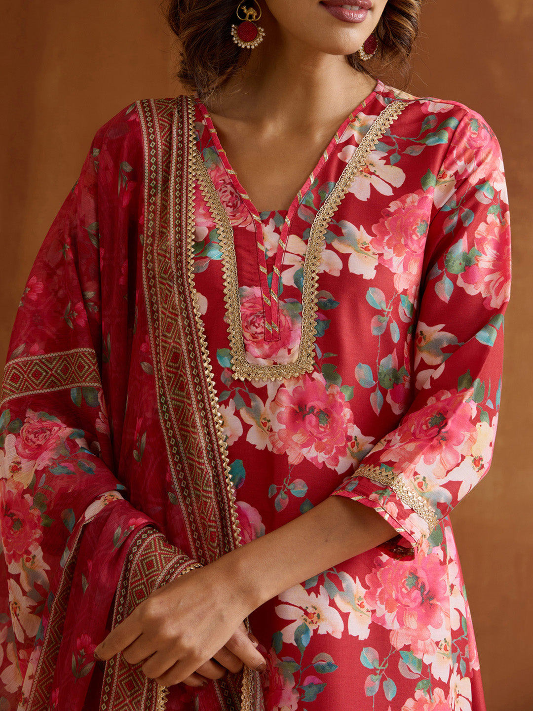 Elegant Red Viscose rayon Floral printed Aline kurta set with dupatta
