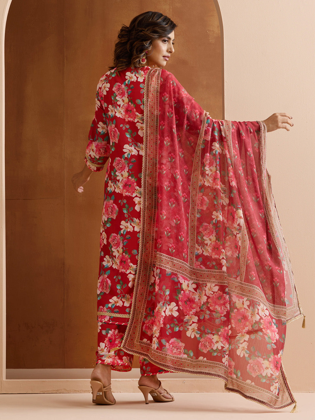 Elegant Red Viscose rayon Floral printed Aline kurta set with dupatta