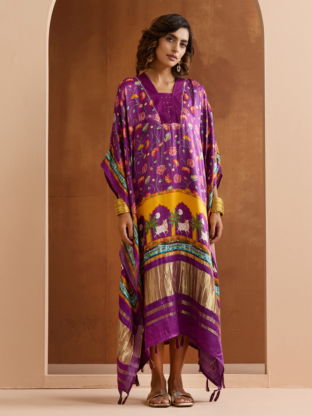 Graceful Purple Viscose Rayon floral printed Kaftan with tassels