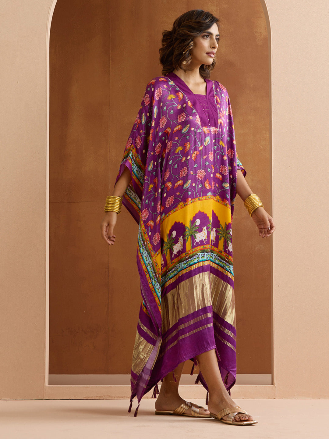 Graceful Purple Viscose Rayon floral printed Kaftan with tassels