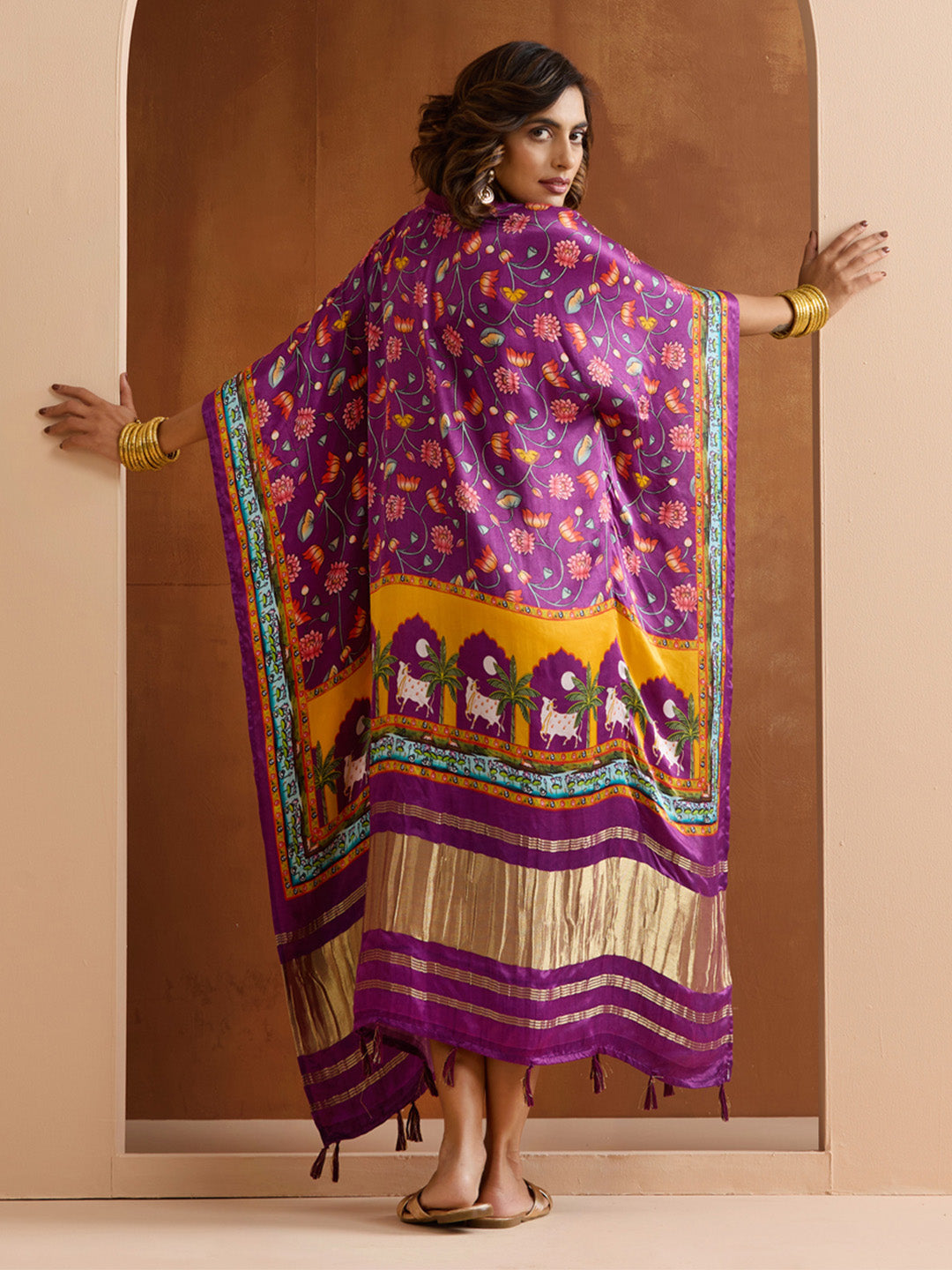 Graceful Purple Viscose Rayon floral printed Kaftan with tassels