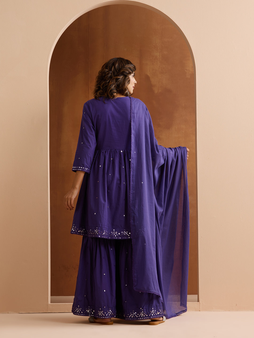 Graceful Purple cotton mirror work anarkali fit kurta set with dupatta