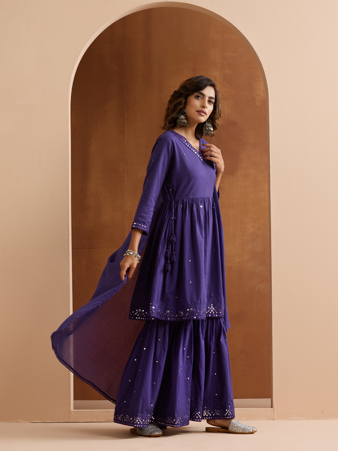 Graceful Purple cotton mirror work anarkali fit kurta set with dupatta