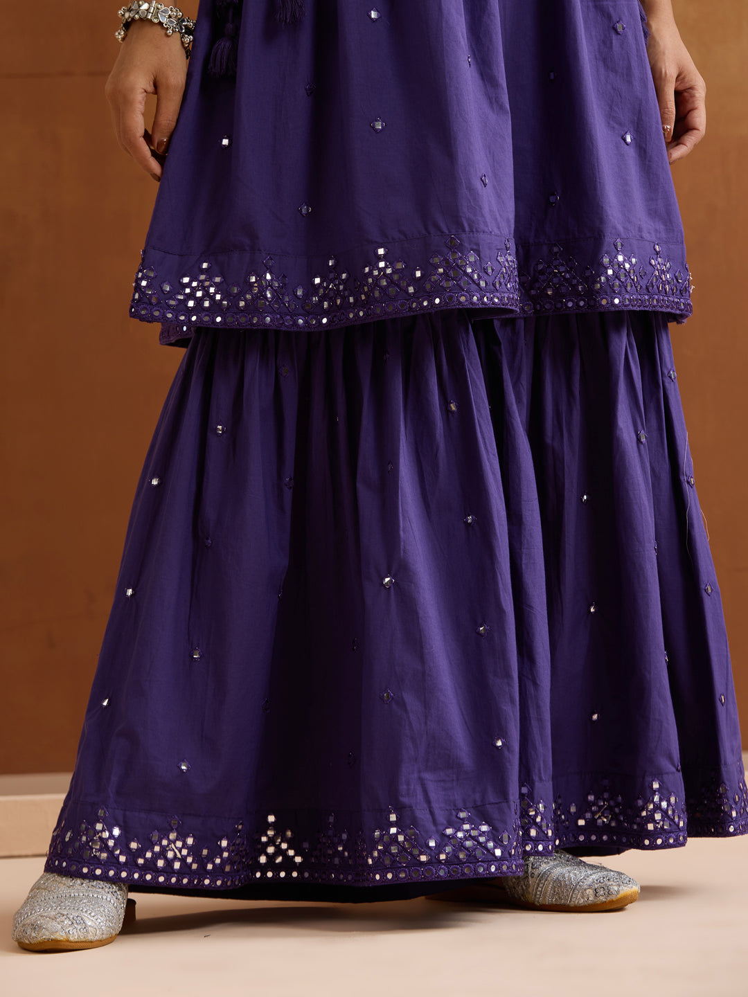 Graceful Purple cotton mirror work anarkali fit kurta set with dupatta