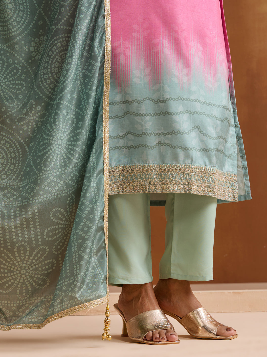 Pink Chinon Zari Embroidered Straight Kurta Set With Printed Dupatta