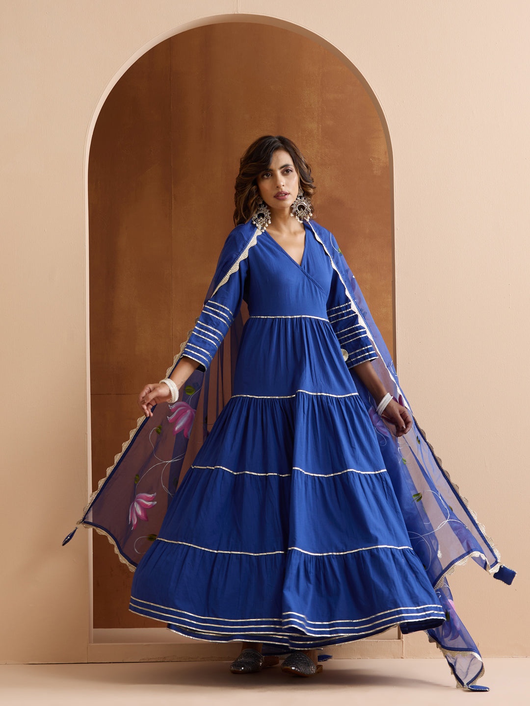 Rich Blue Gotta Patti Angrakha Kurta Set With Hand-Painted Dupatta