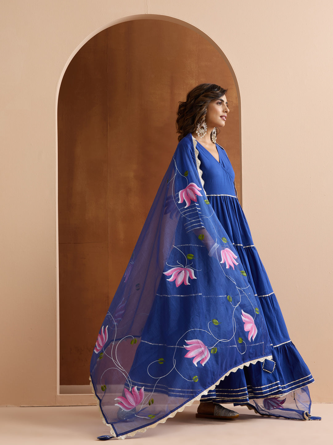 Rich Blue Gotta Patti Angrakha Kurta Set With Hand-Painted Dupatta