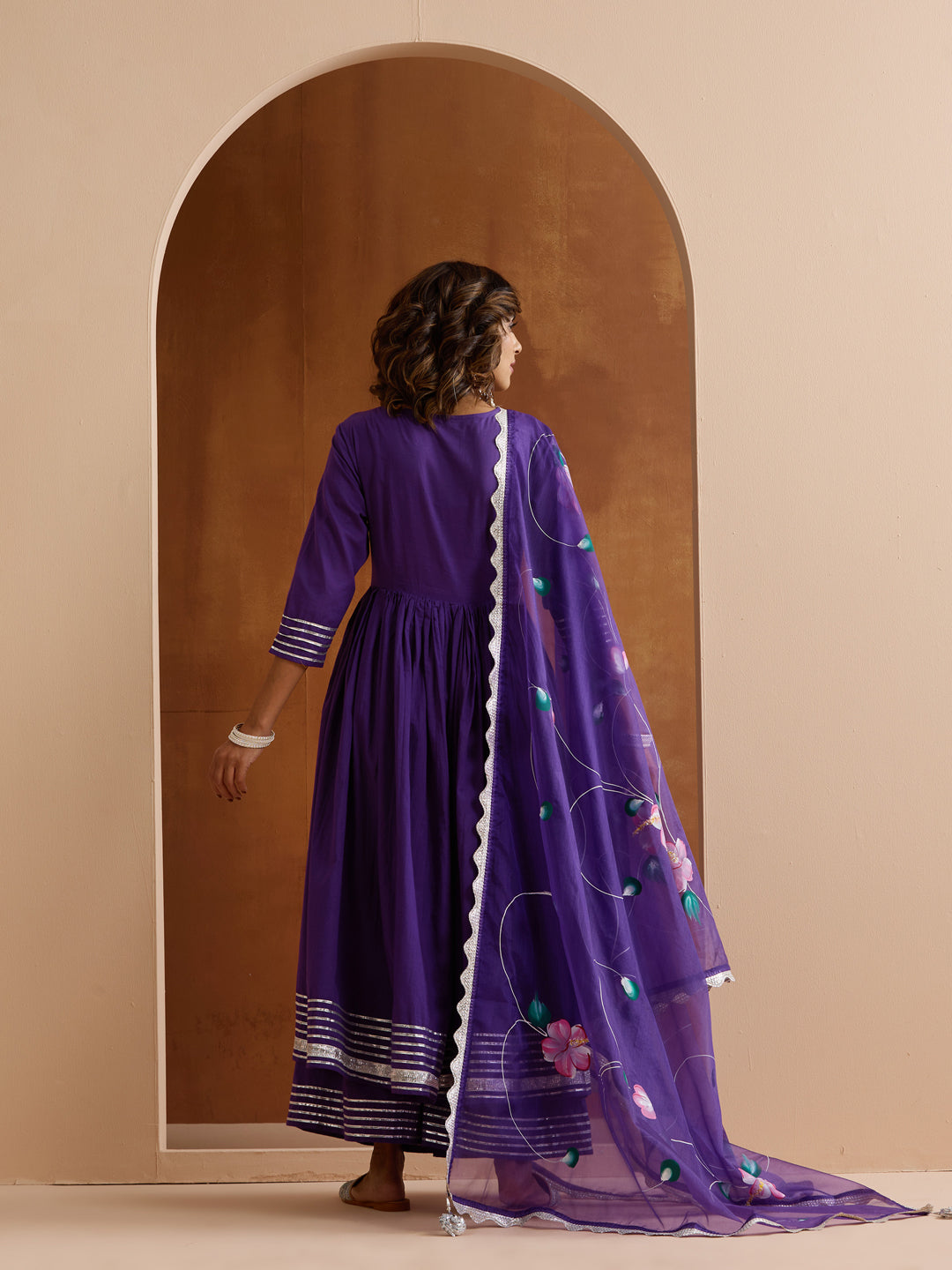 Rich Purple Anarkali Kurta Set With Palazzo Bottom And Hand-Painted Dupatta