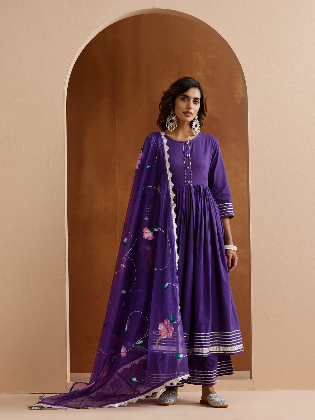 Rich Purple Anarkali Kurta Set With Palazzo Bottom And Hand-Painted Dupatta