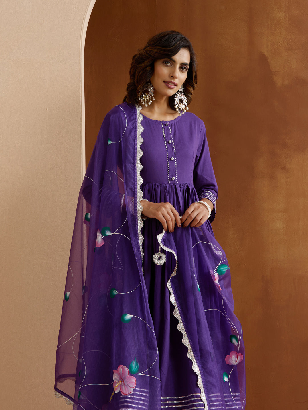 Rich Purple Anarkali Kurta Set With Palazzo Bottom And Hand-Painted Dupatta