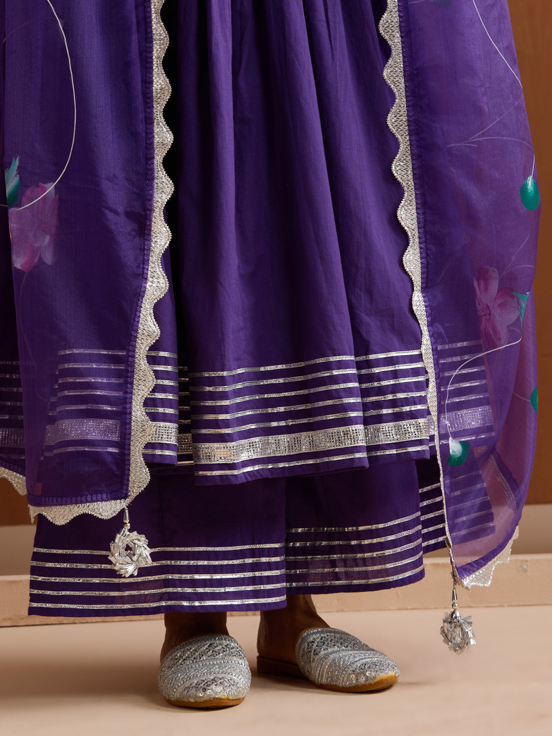 Rich Purple Anarkali Kurta Set With Palazzo Bottom And Hand-Painted Dupatta