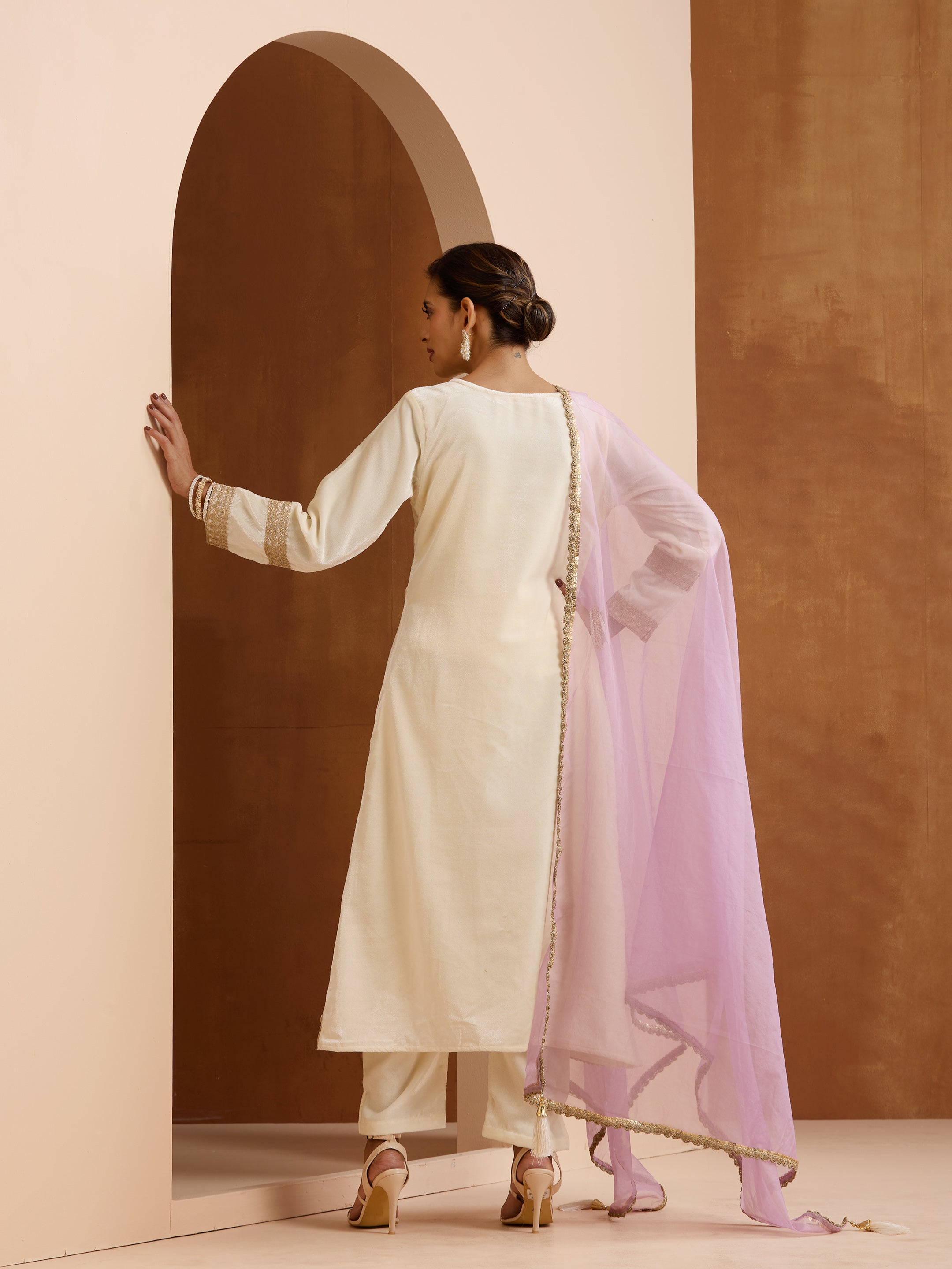 Rich Off-White Velvet Embroidered Straight Kurta Set With Dupatta