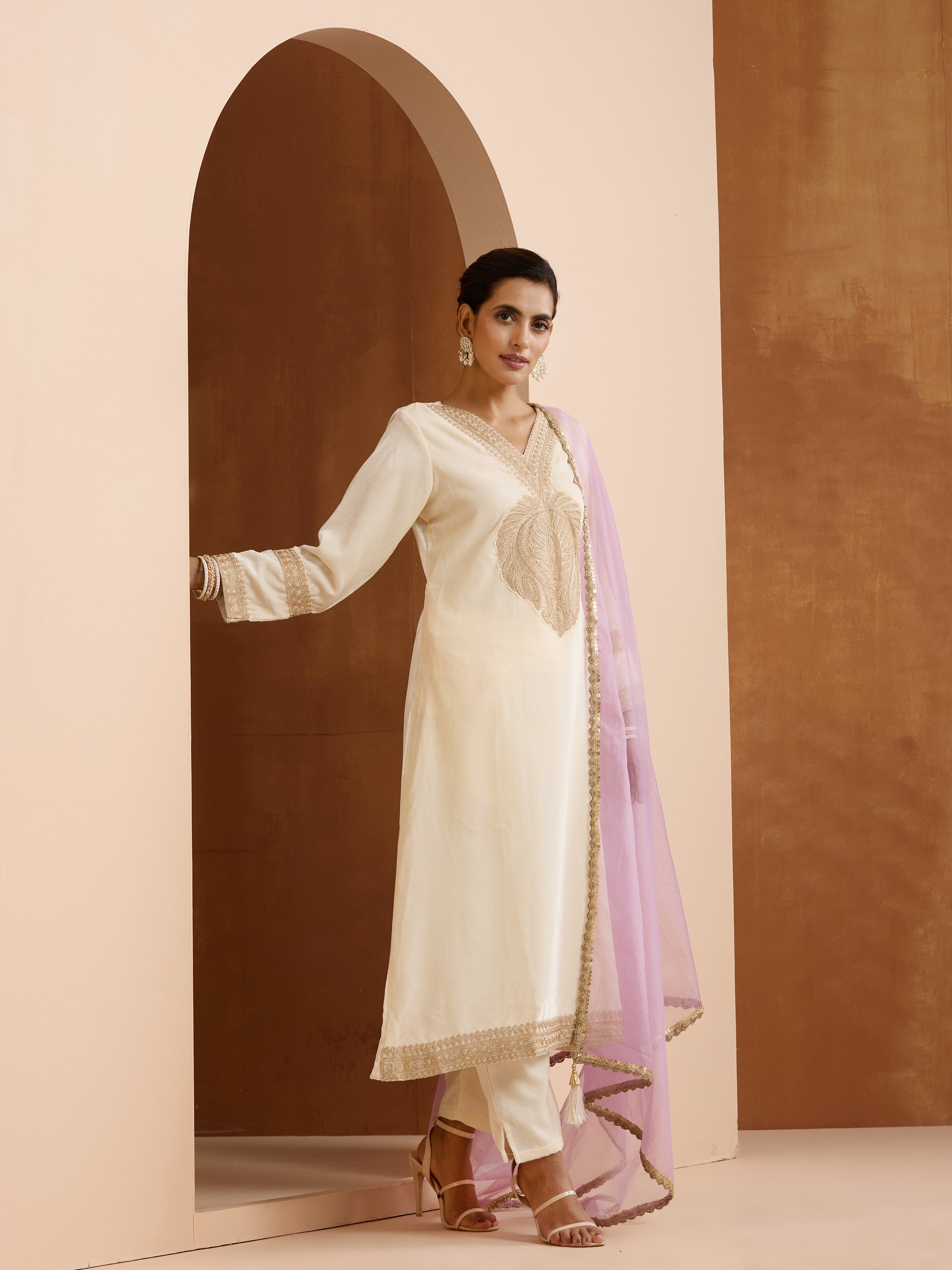Rich Off-White Velvet Embroidered Straight Kurta Set With Dupatta