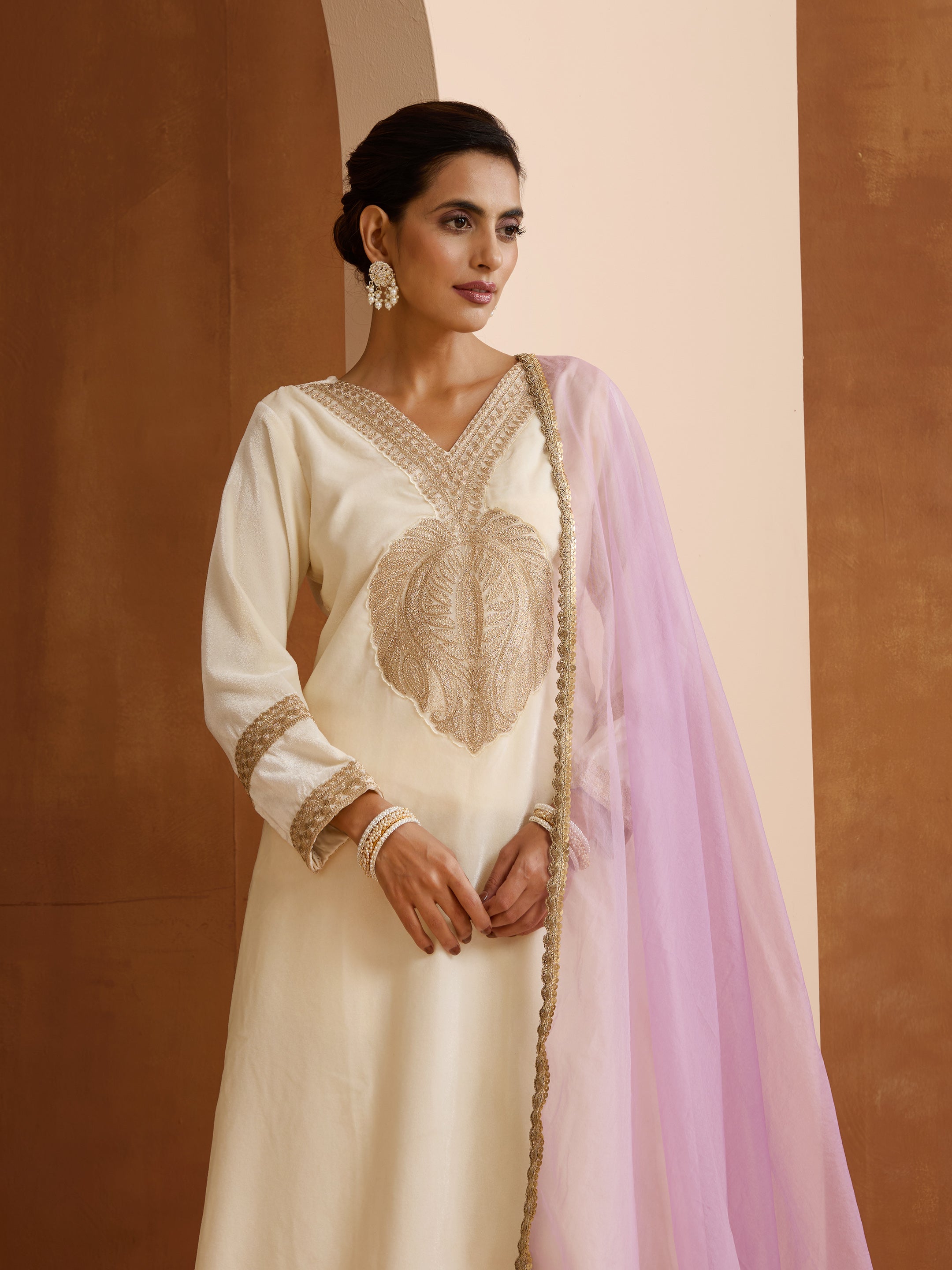 Rich Off-White Velvet Embroidered Straight Kurta Set With Dupatta