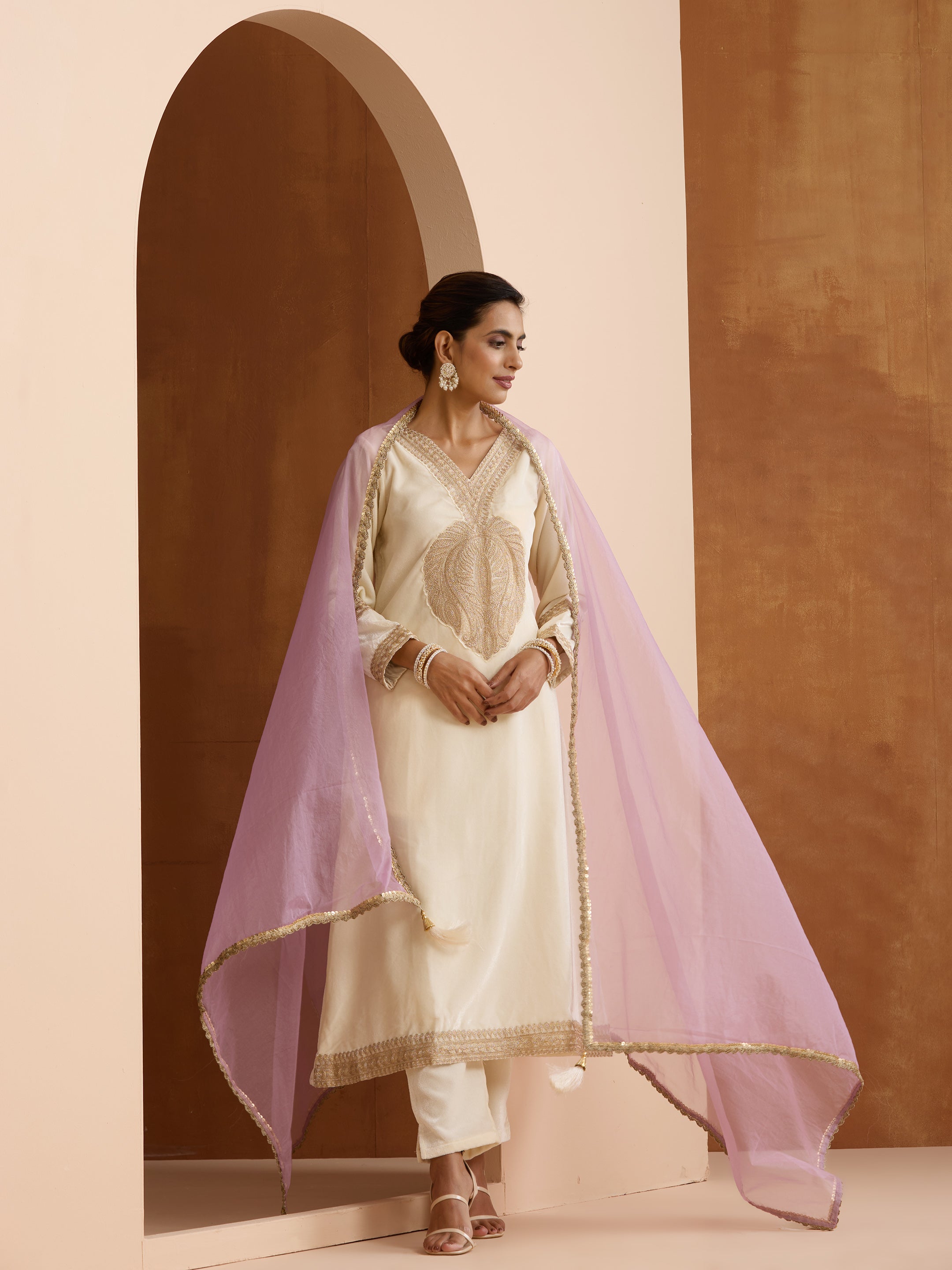 Rich Off-White Velvet Embroidered Straight Kurta Set With Dupatta