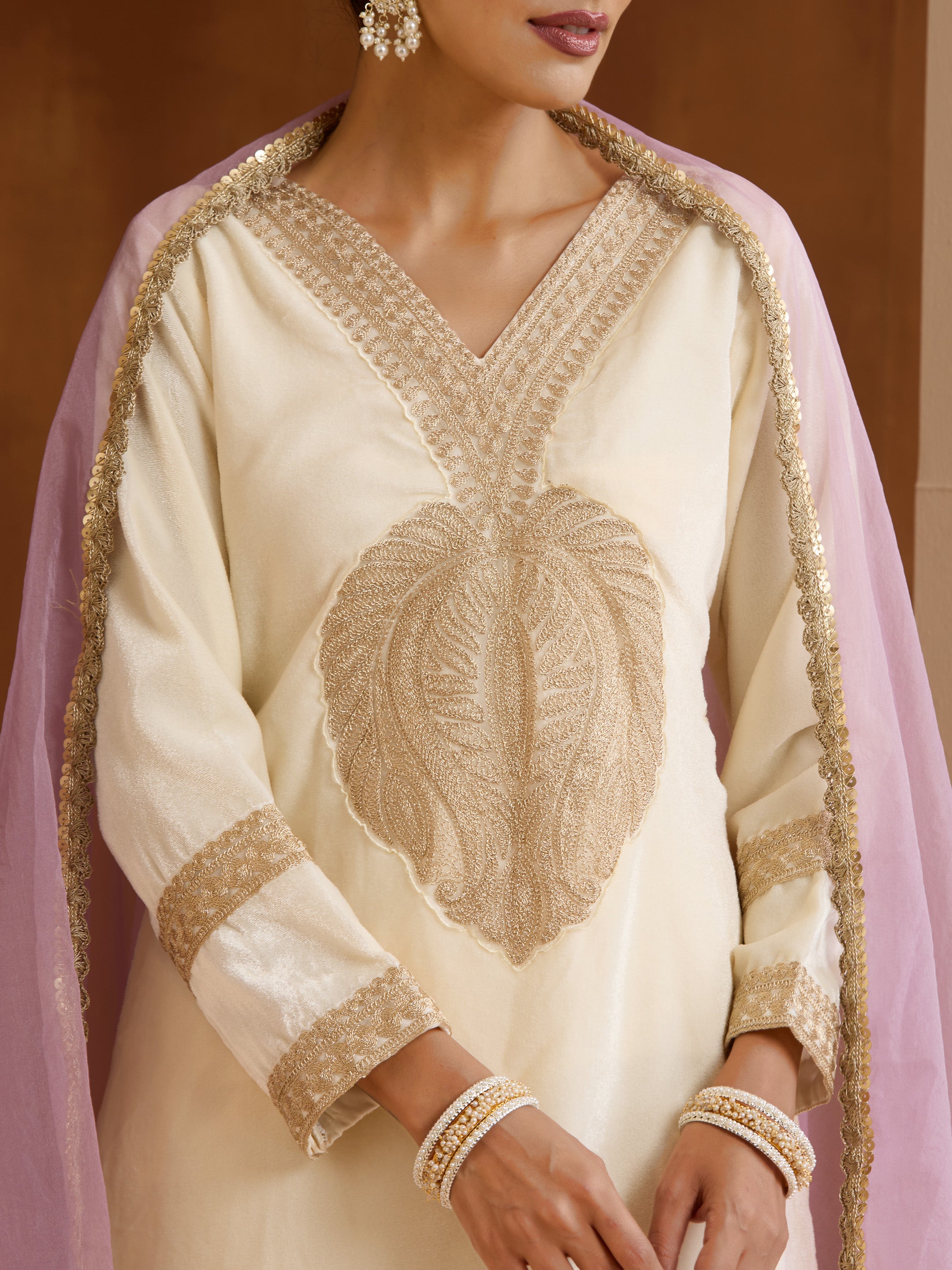 Rich Off-White Velvet Embroidered Straight Kurta Set With Dupatta
