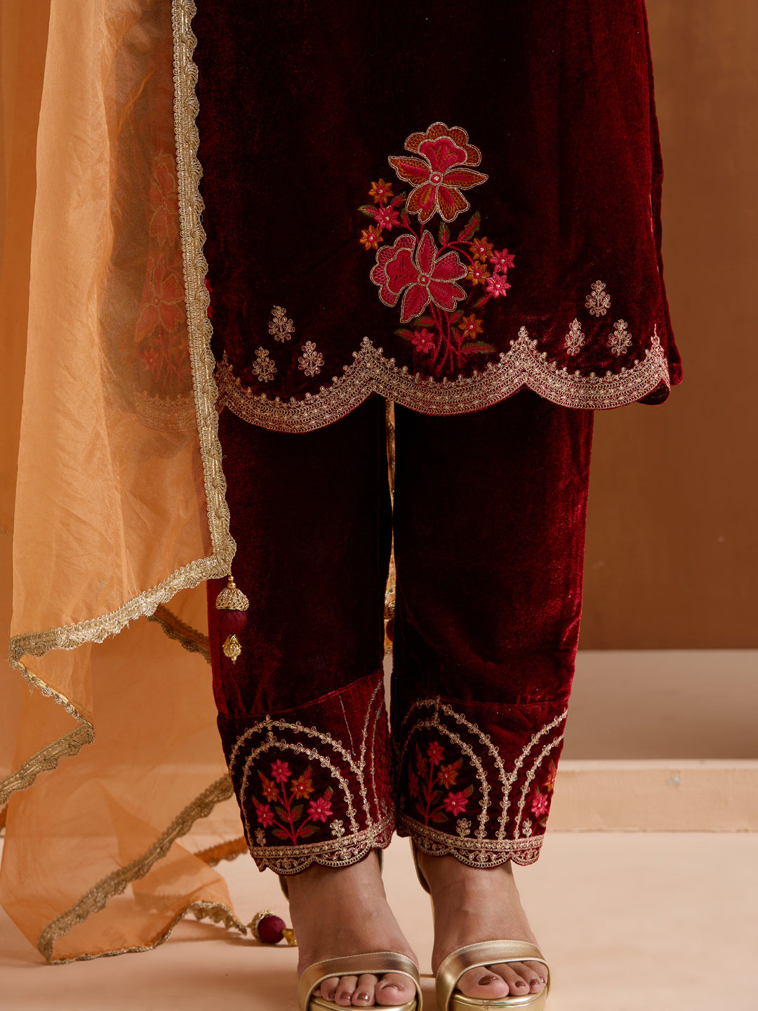 Rich Maroon Velvet Zari Embroidered Straight Kurta Set With Dupatta
