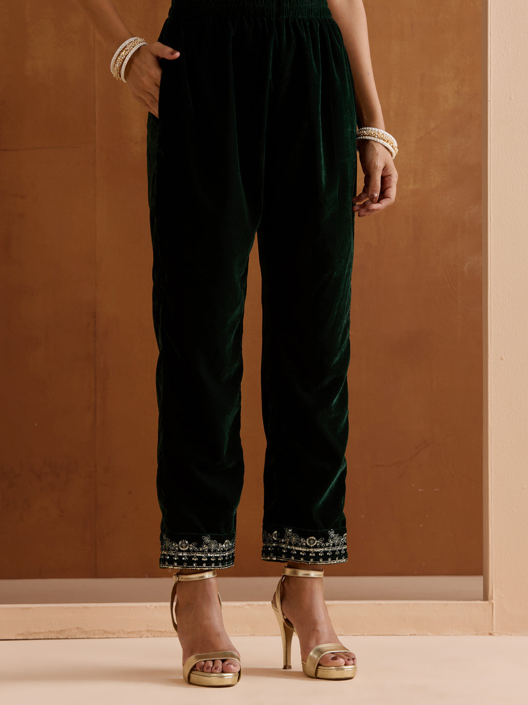Rich Green Velvet Zari Embroidery Aline Kurta set with dupatta