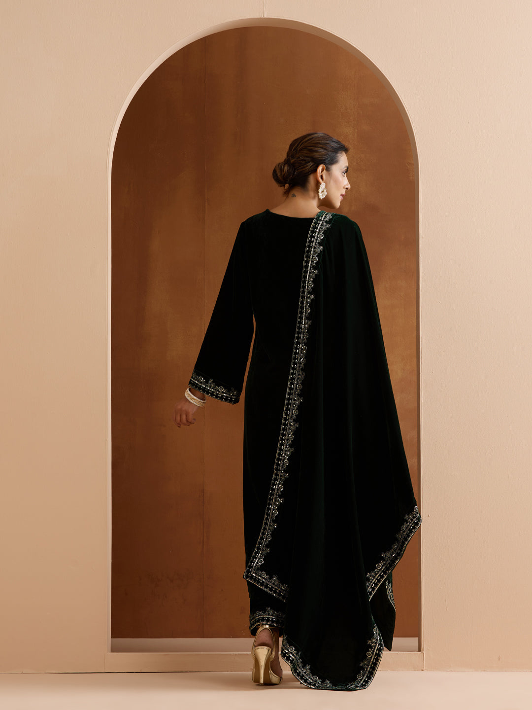 Rich Green Velvet Zari Embroidery Aline Kurta set with dupatta