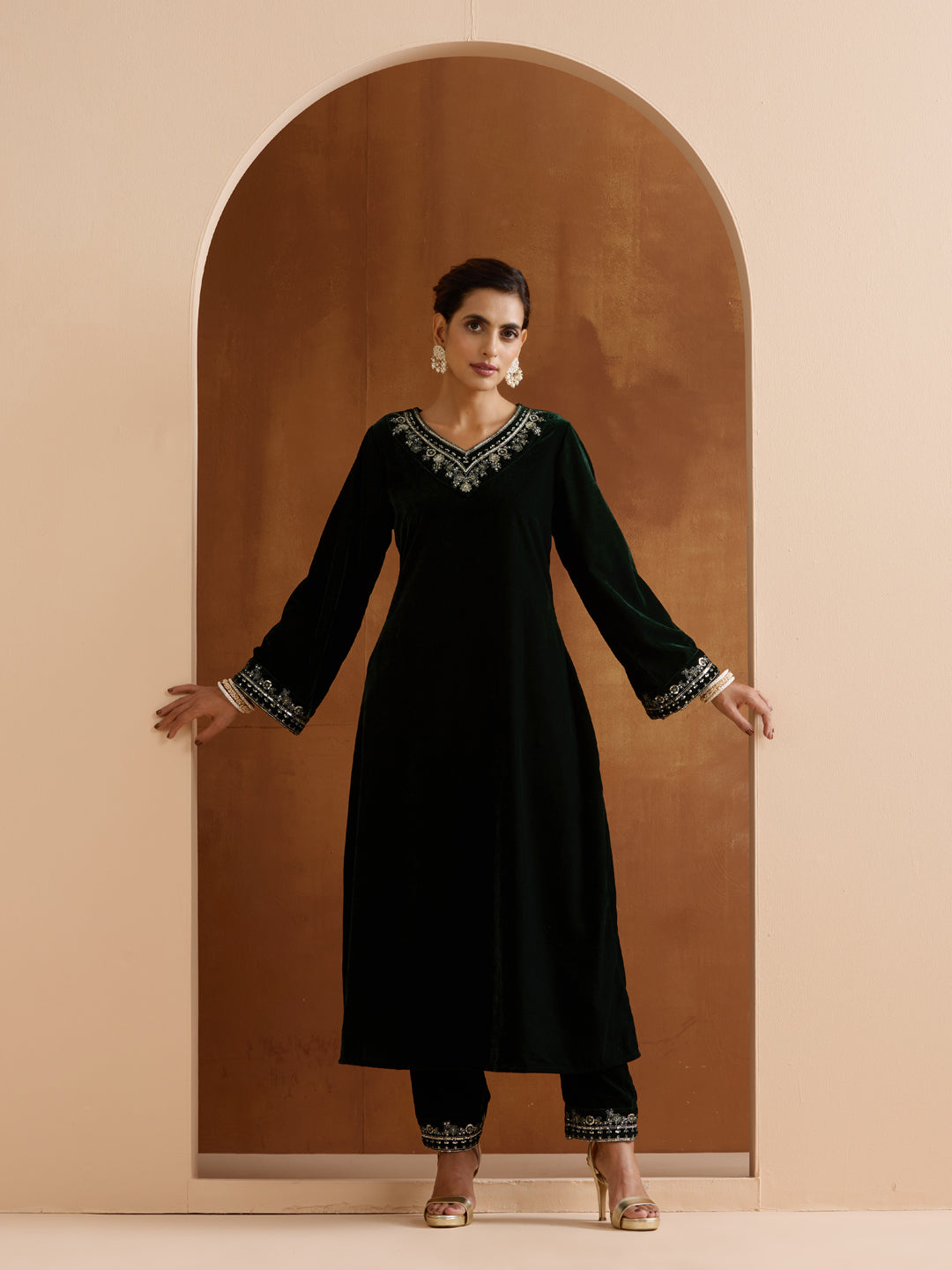 Rich Green Velvet Zari Embroidery Aline Kurta set with dupatta