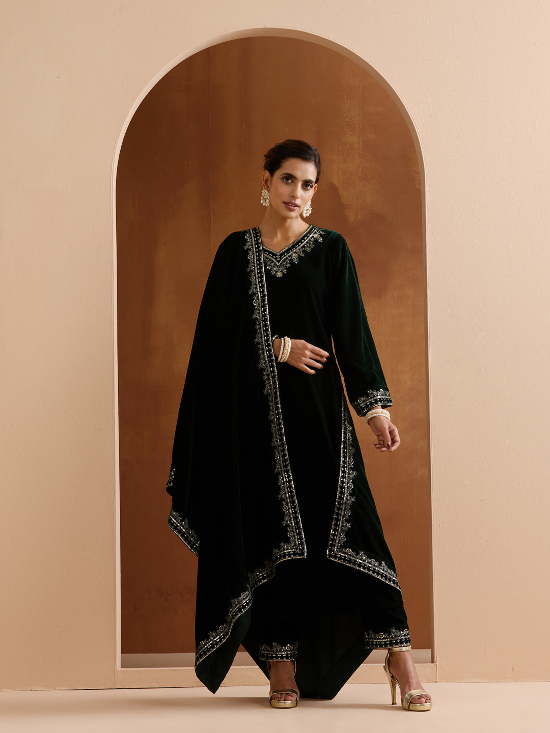 Rich Green Velvet Zari Embroidery Aline Kurta set with dupatta
