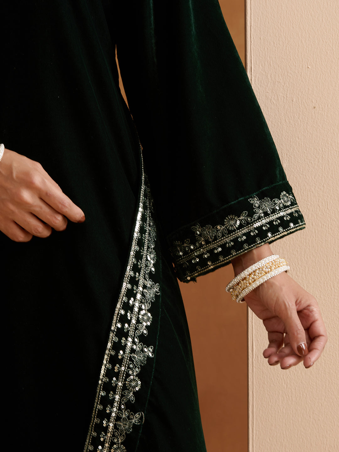 Rich Green Velvet Zari Embroidery Aline Kurta set with dupatta