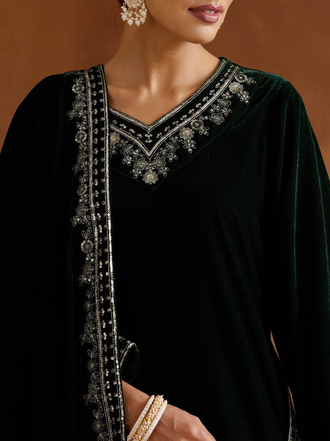 Rich Green Velvet Zari Embroidery Aline Kurta set with dupatta