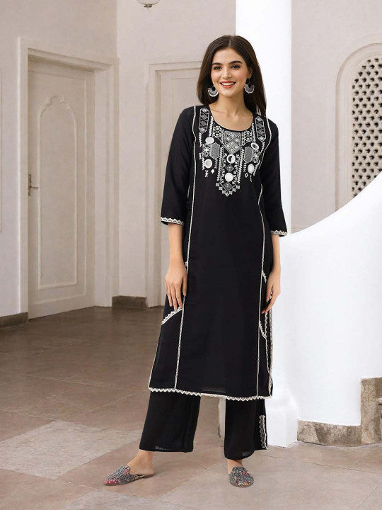 Ishin Women Black Roman Silk 2Pcs Kurta Set