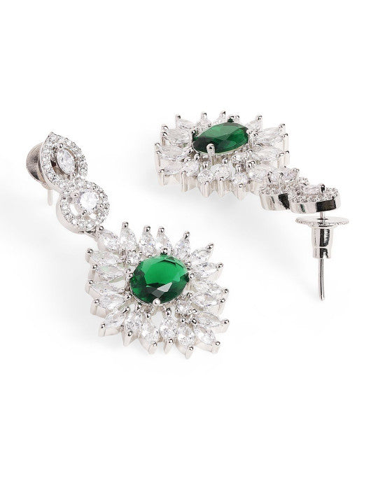 Ishin Green  Colour Silver Plated American Diamond Jewellery Set